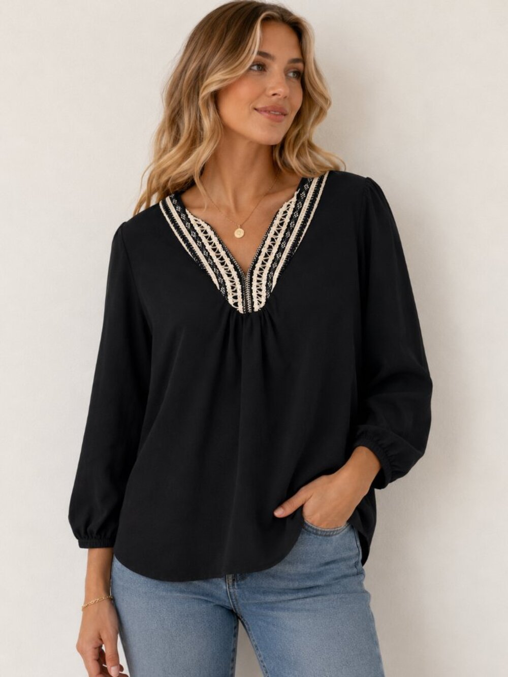 Olsen Black Embroidered Boho Blouse Small 100% Viscose